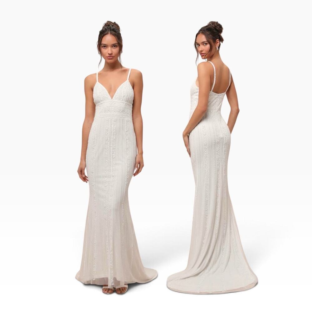 Lulus Stunning Vow White Beaded Sequin Maxi Dress size Large